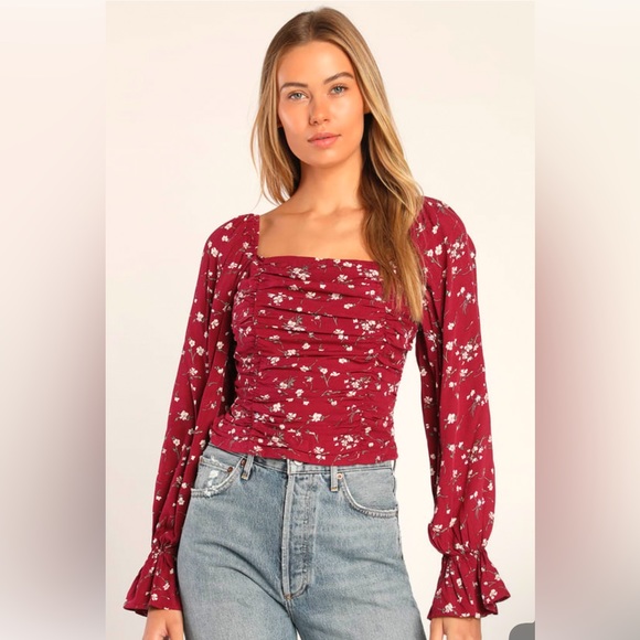 Lulus Fall For Flowers Burgundy Floral Print Ruched Long Sleeve Top - Picture 1 of 6